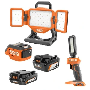18V Cordless Hybrid LED Panel Light Kit with 4.0 Ah Battery and 2.0 Ah Battery, Power Inverter, and LED Light Stick