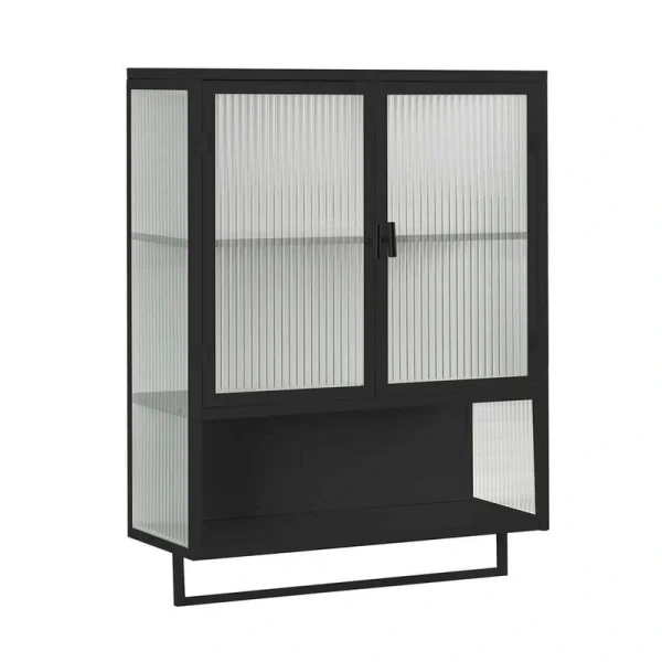 23.62 in. W x 9.06 in. D x 30.71 in. H in Black Ready to Assemble Wall Cabinet, 2-Tier Storage Open Shelf and Towel Rack