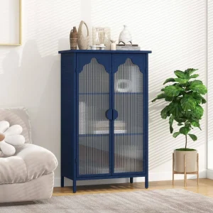25.99 in. W x 13.39 in. D x 42.72 in. H Ready to Assemble Floor Kitchen Cabinet in Blue with Glass Doors