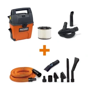 3 Gal 3.5 Peak HP Handheld Shop Vac Wet Dry Vacuum with RIDGID SWEEP Dust Pan, Hose, LED Car Nozzle, Car Cleaning Kit