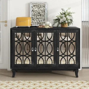 47.2 in. W x 15.6 in. D x 33.9 in. H Black Ready to Assemble Floor Base Kitchen Cabinet with Glass Doors