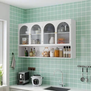 47.25 in. W x 9.05 in. D x 27.55 in. H Metal Upper Wall-mounted Kitchen Cabinet in White with Glass Doors