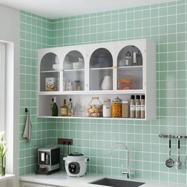 47.25 in. W x 9.05 in. D x 27.55 in. H Metal Upper Wall-mounted Kitchen Cabinet in White with Glass Doors