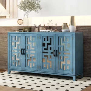 60 in. W x 16 in. D x 34.1 in. H in Navy Retro Soildwood and MDF Ready to Assemble Floor Base Kitchen Cabinet Sideboard