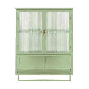 9.06 in. W x 23.62 in. D x 30.71 in. H in Green Iron Wall Cabinet with 2-Tier Enclosed Storage Open Shelf and Towel Rack