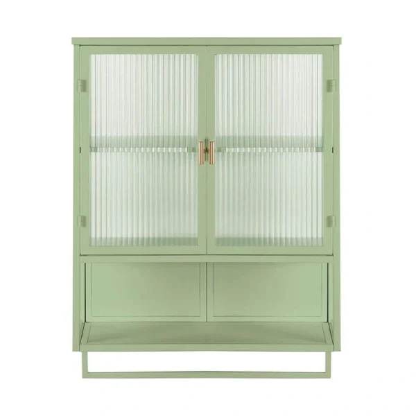 9.06 in. W x 23.62 in. D x 30.71 in. H in Green Iron Wall Cabinet with 2-Tier Enclosed Storage Open Shelf and Towel Rack
