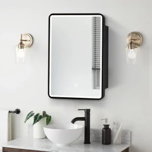 AAZJ 20-in x 28-in LED Fog Free Surface/Recessed Mount Black Mirrored Soft Close Medicine Cabinet