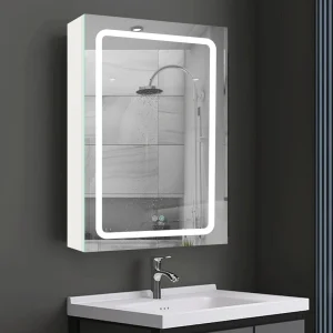 AAZJ 30-in x 20-in LED Fog Free Surface/Recessed Mount White Mirrored Soft Close Medicine Cabinet T726926895