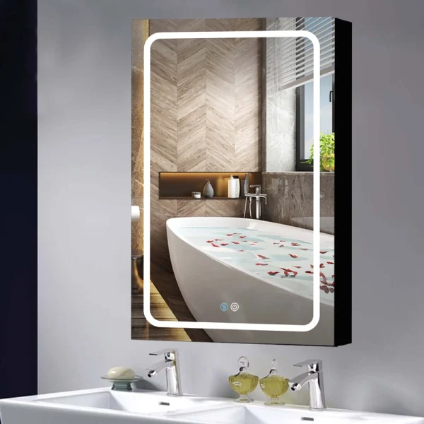 AAZJ 30×30 Inch LED Bathroom Medicine Cabinet Surface Mount Double Door Lighted Medicine Cabinet, Medicine Cabinets for Bathroom with Mirror Defogging Dimmer Black