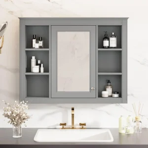 AAZJ CMR 35-in x 27.5-in Surface Mount Gray Mirrored Soft Close Medicine Cabinet