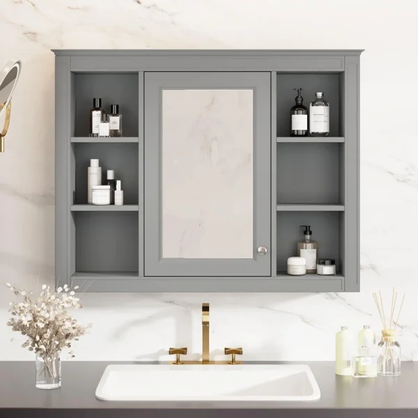 AAZJ CMR 35-in x 27.5-in Surface Mount Gray Mirrored Soft Close Medicine Cabinet