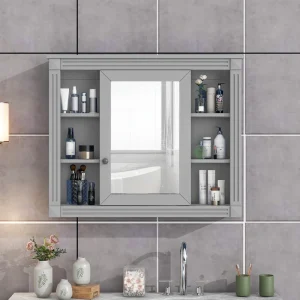 AAZJ CMR 35-in x 28-in Surface Mount Gray Mirrored Soft Close Medicine Cabinet