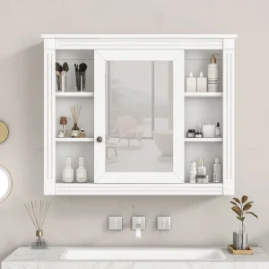 AAZJ CMR 35-in x 28-in Surface Mount White Mirrored Soft Close Medicine Cabinet
