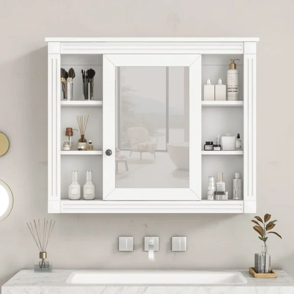 AAZJ CMR 35-in x 28-in Surface Mount White Mirrored Soft Close Medicine Cabinet