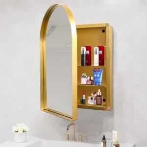 AAZJ FS 24-in x 36-in Surface/Recessed Mount Gold Mirrored Arched Medicine Cabinet
