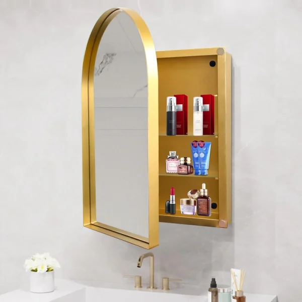 AAZJ FS 24-in x 36-in Surface/Recessed Mount Gold Mirrored Arched Medicine Cabinet