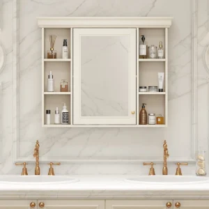 AAZJ MRS 35-in x 28-in Surface Mount Beige Mirrored Soft Close Medicine Cabinet