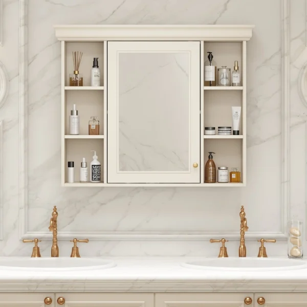 AAZJ MRS 35-in x 28-in Surface Mount Beige Mirrored Soft Close Medicine Cabinet