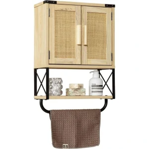 Adrinfly 15 in. W x 7 in. D x 23 in. H in Rattan Wood Ready to Assemble Upper Medicine Cabinet with Adjustable Shelf