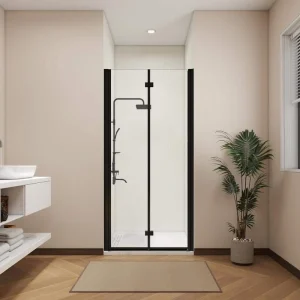 ANGELES HOME 34-35 3/8 in. W x 72 in. H Bi-Fold Semi-Frameless Shower Door in Matte Black Finish with 1/4 in. Tempered Clear Glass