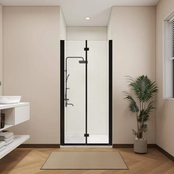 ANGELES HOME 34-35 3/8 in. W x 72 in. H Bi-Fold Semi-Frameless Shower Door in Matte Black Finish with 1/4 in. Tempered Clear Glass