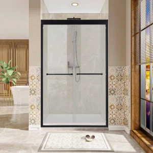 ANGELES HOME 48 in. W x 76 in. H Double Sliding Framed Shower Door in Matte Black Finish with 3/8 in. (8mm) Clear Certified Glass