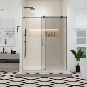 ANGELES HOME 56-60 in. W x 74 in. H Sliding Frameless Shower Door in Matted Black Finish with 5/16 in. Tempered Clear Glass