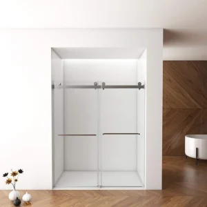 ANGELES HOME 56-60 in. W x 76 in. H Double Sliding Frameless Shower Door in Brushed Nickel Finish with Clear Glass and Buffer
