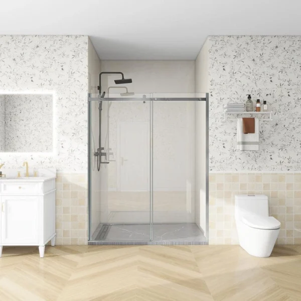 ANGELES HOME 60 in. W x74 in. H Sliding Frameless Shower Door in Chrome Finish with 5/16 in. Tempered Clear Glass