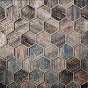Apollo Tile (Sample) Brown, Blue 4-in x 4-in Glossy Glass Honeycomb Wood Look Wall Tile