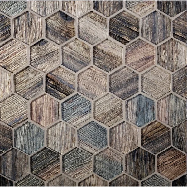 Apollo Tile (Sample) Brown, Blue 4-in x 4-in Glossy Glass Honeycomb Wood Look Wall Tile