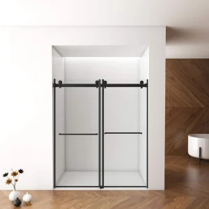 AZDHOME 56 – 60 in W x 70 in H Dual Sliding Frameless Soft-Close Shower Door in Matte Black with Laminated Tempere Clear Glass