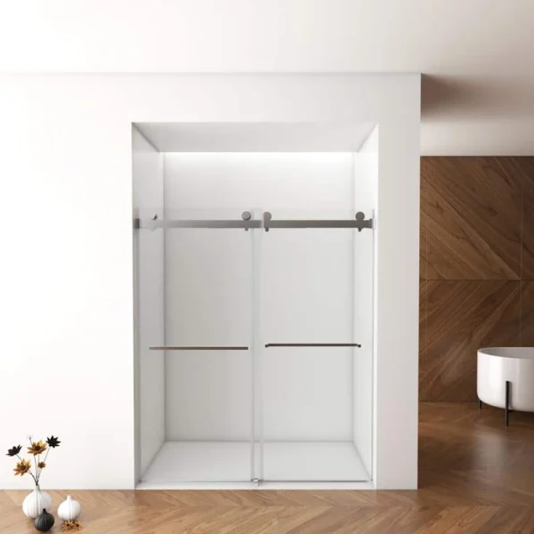 AZDHOME 56 – 60 in W x 70 in H Sliding Frameless Soft-Close Shower Door in Brushed Nickel with Laminated Tempere Clear Glass