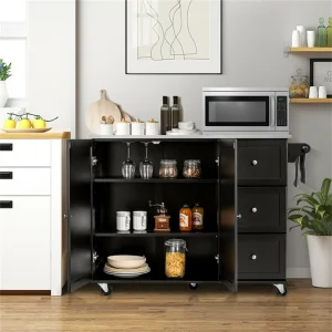 BABOOM Black Mdf Base with Stainless Steel Metal Top Rolling Kitchen Cart (18-in x 54-in x 36-in)