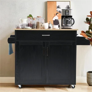 BABOOM Black Mdf Base with Wood Top Rolling Kitchen Island (16-in x 45.5-in x 33.5-in)