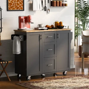 BABOOM Black Mdf Base with Wood Top Rolling Kitchen Island (17-in x 50-in x 36.9-in)
