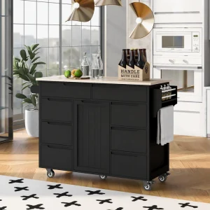 BABOOM Black Mdf Base with Wood Top Rolling Kitchen Island (18.5-in x 53.1-in x 37-in)