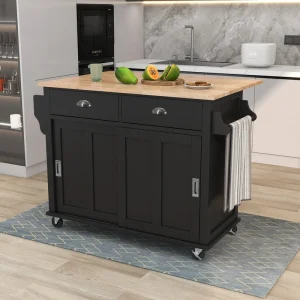 BABOOM Black Mdf Base with Wood Top Rolling Kitchen Island (20.5-in x 52.2-in x 36.6-in)