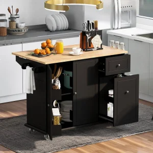 BABOOM Black Mdf Base with Wood Top Rolling Kitchen Island (28.7-in x 53.9-in x 36.8-in)