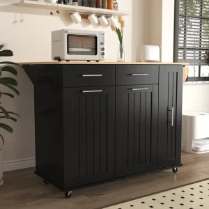 BABOOM Black Mdf Base with Wood Top Rolling Kitchen Island (29.5-in x 46-in x 37-in)