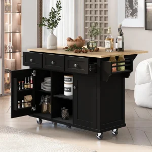 BABOOM Black Mdf Base with Wood Top Rolling Kitchen Island (29.5-in x 53.1-in x 37.2-in)