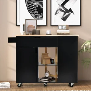 BABOOM Black Mdf Base with Wood Top Rolling Kitchen Island (30-in x 49-in x 36-in)