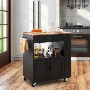 BABOOM Black Wood Base with Wood Top Rolling Kitchen Cart (20-in x 32.5-in x 36.5-in)