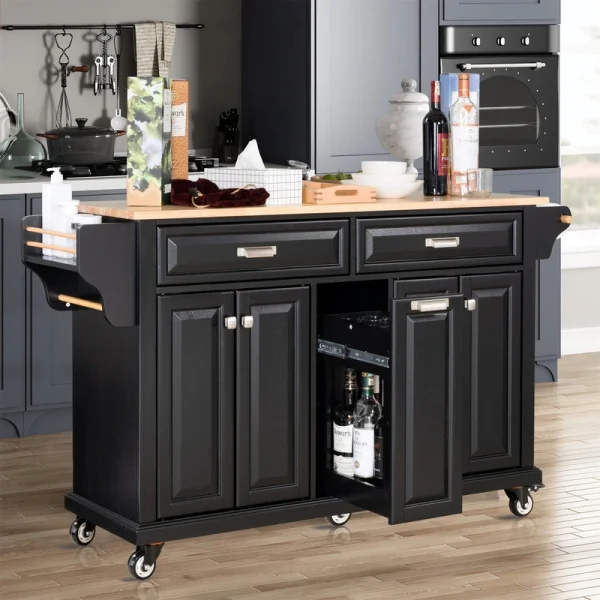 BABOOM Black Wood Base with Wood Top Rolling Kitchen Island (18.13-in x 60.5-in x 36.75-in)