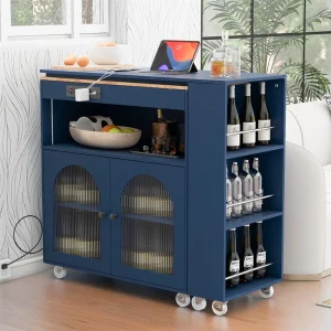BABOOM Blue Mdf Base with Wood Top Rolling Kitchen Island (15.75-in x 56.3-in x 37.1-in)