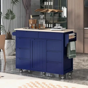 BABOOM Blue Mdf Base with Wood Top Rolling Kitchen Island (18.5-in x 53.1-in x 37-in)