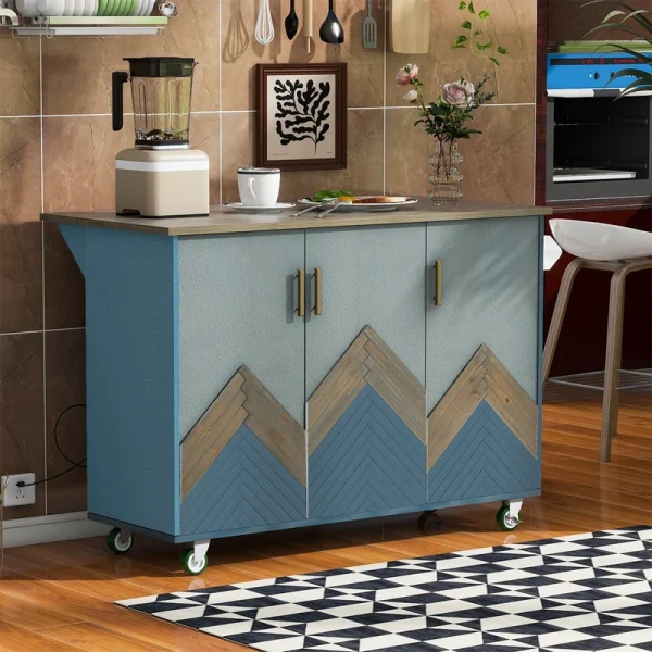 BABOOM Blue Mdf Base with Wood Top Rolling Kitchen Island (25.7-in x 51.57-in x 36.7-in)