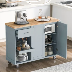 BABOOM Blue Mdf Base with Wood Top Rolling Kitchen Island (33.2-in x 49-in x 37.6-in)