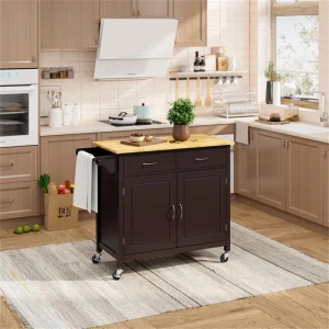 BABOOM Brown Mdf Base with Wood Top Rolling Kitchen Island (19-in x 43-in x 35.5-in)