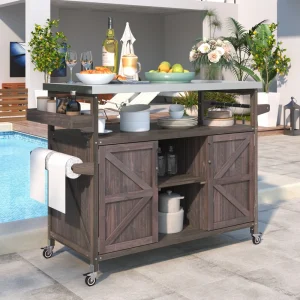 BABOOM Brown Wood Base with Stainless Steel Metal Top Rolling Kitchen Island (18.5-in x 50.25-in x 36.3-in)
